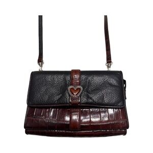 Brighton Vintage Mixed Leather Crossbody Bag Black Brown Croc Heart Detail
